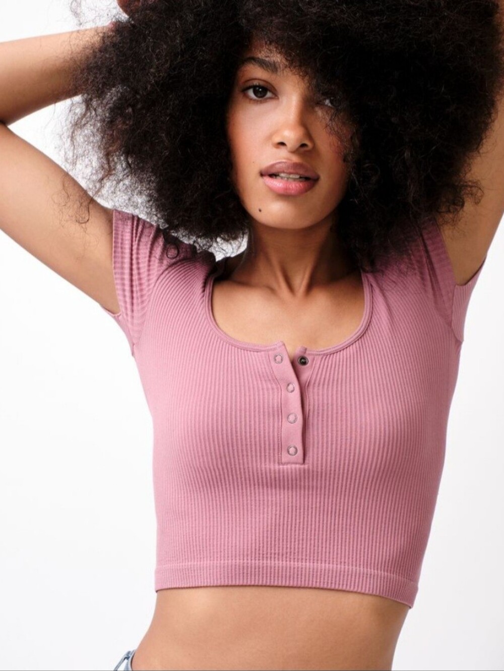 Aeropostale Mauve Ribbed Scoop-Neck Henley Crop Top